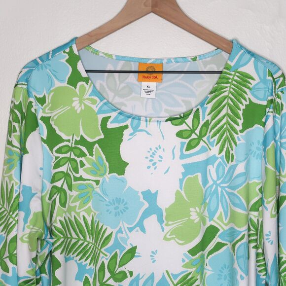 Ruby Rd. Womens Top Size XL Blue Green Floral 3/4 Sleeve Stretch Tie‎ Knot - Picture 5 of 8